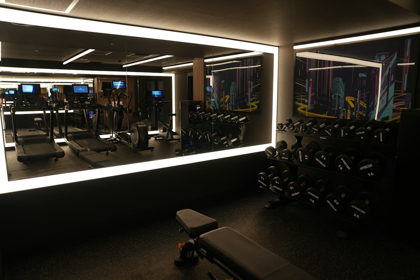 Estudio de entrenamiento con espejo iluminado y cardio